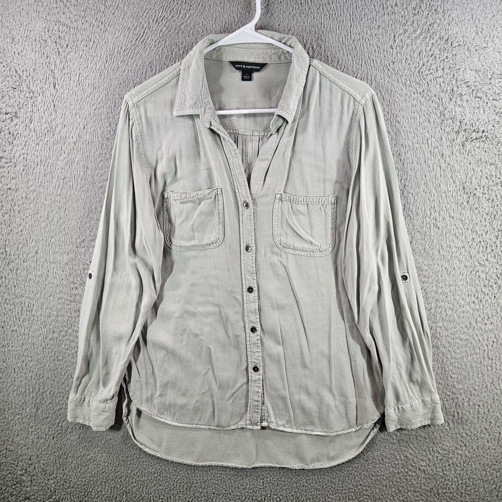 Rock &‎ Republic Womens Medium Green Rayon Roll Tab Sleeve Button Down Shirt Top